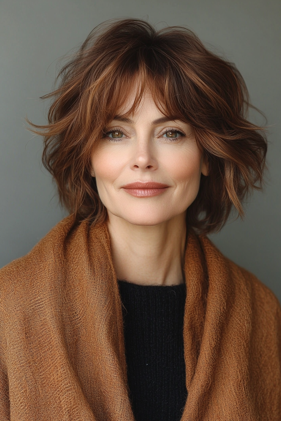 5. Strukturierter Shag mit warmen Auburn -Tönen (kurze Haarschnitte für Frauen über 50 mit dickem Haar) - kurze Haarschnitte für Frauen über 50 mit dickem Haar