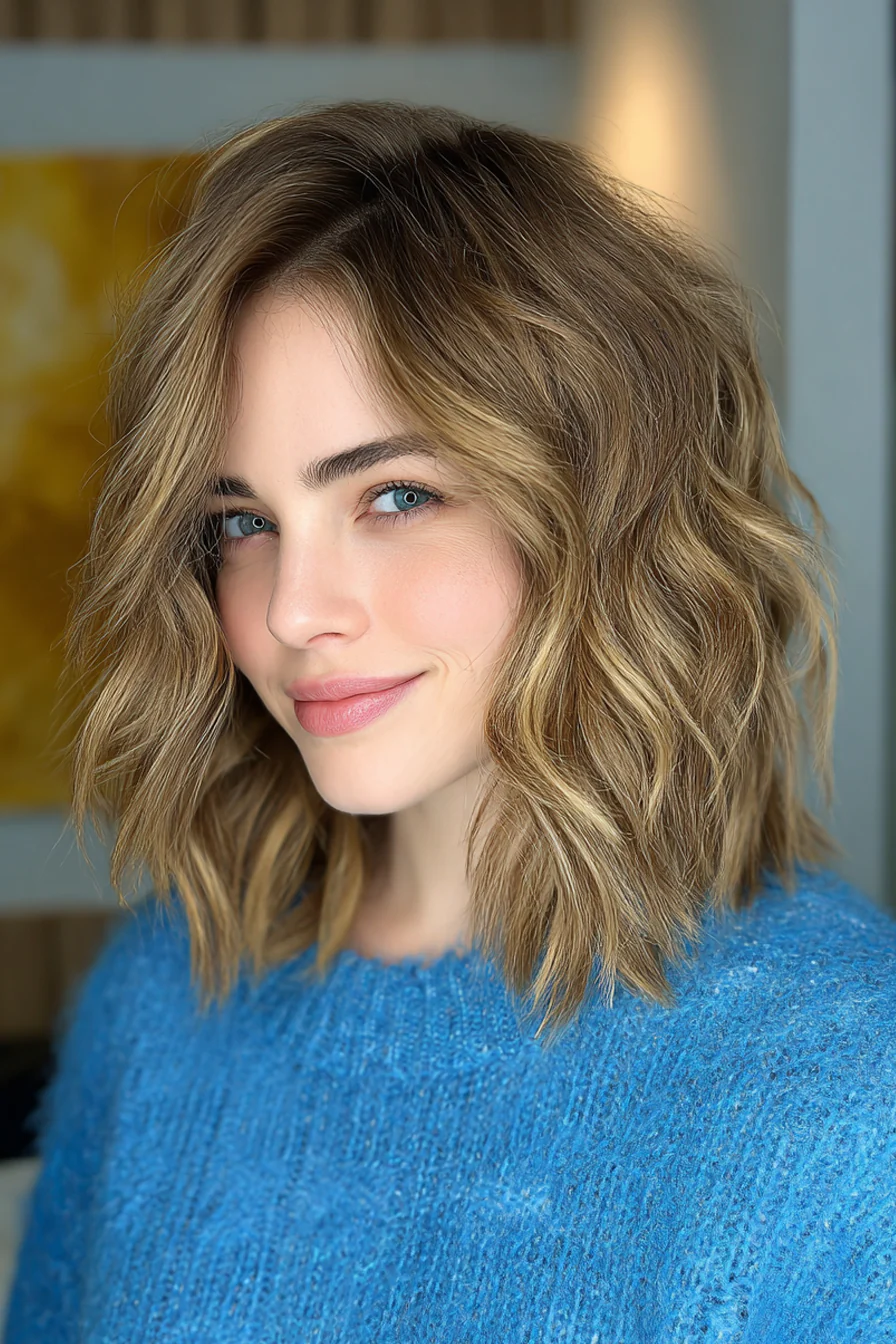 5. Tousled Lob in goldenen Beige-Highlights (lange Bob-Frisuren) – Lange Bob-Frisuren
