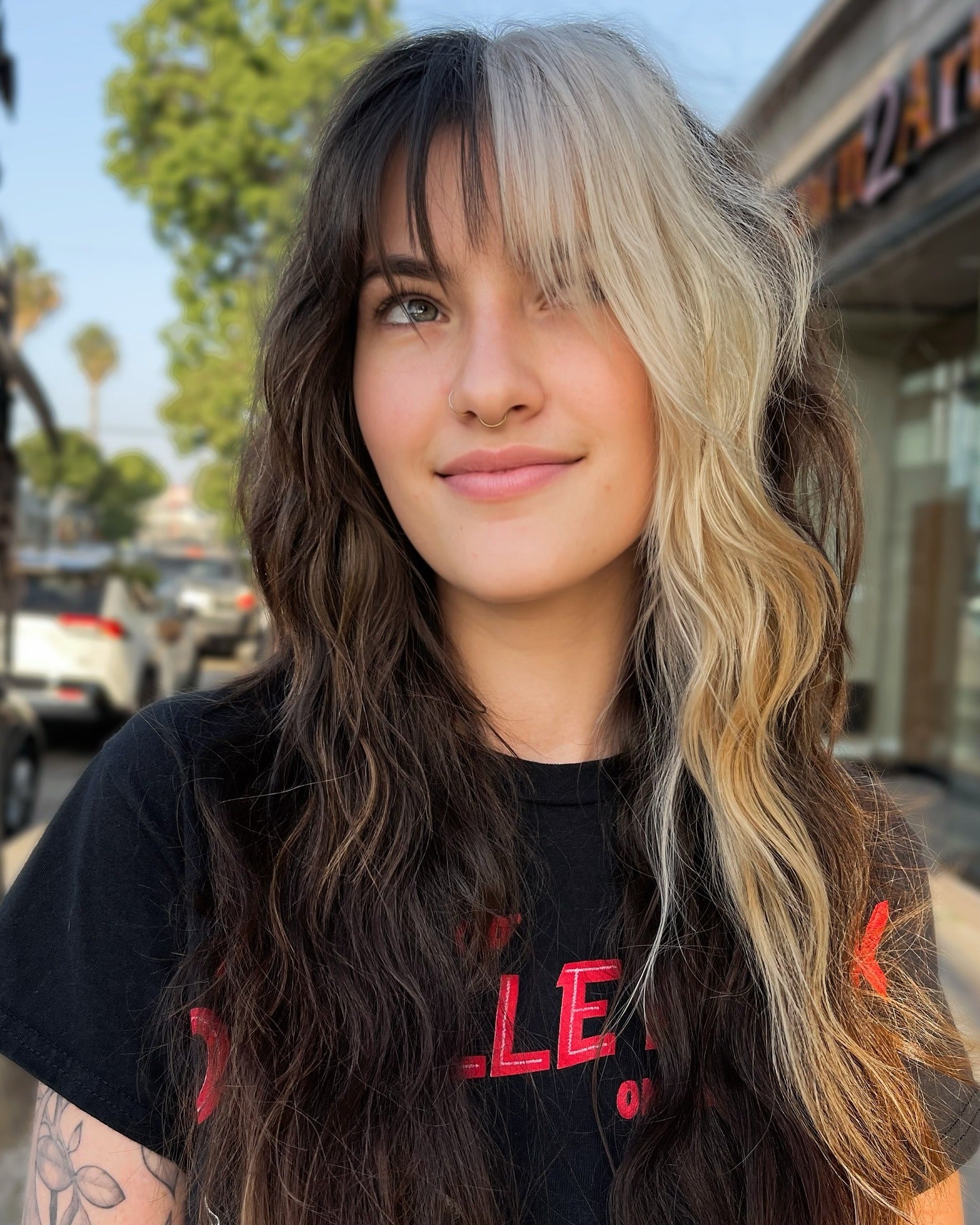 5. Zweifarbiger brünettfarbener und platinfarbener geteilter Pony (langes Haar mit zarten Fransen)