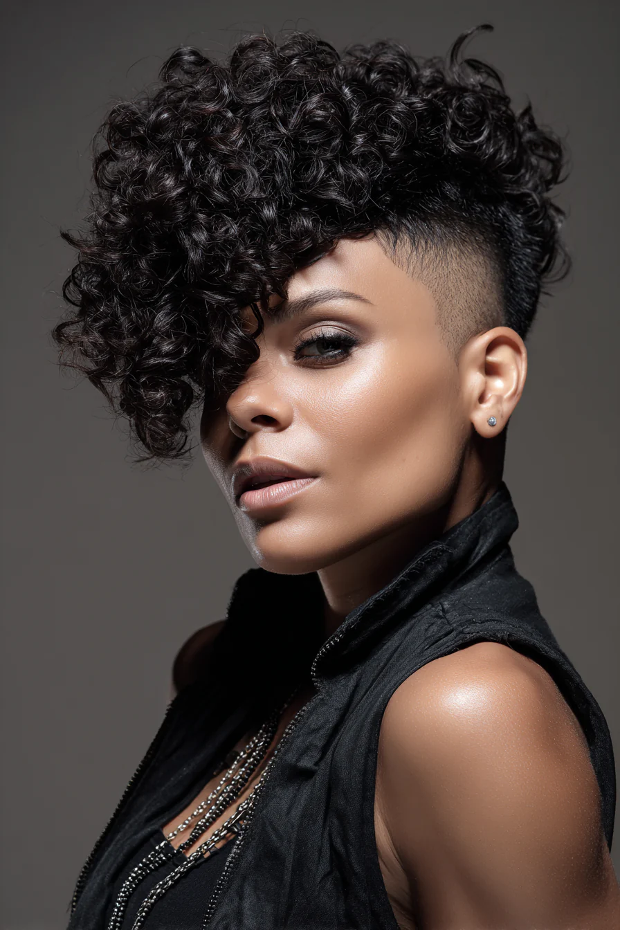 5. Voluminöser lockiger Undercut in Tiefschwarz (kurze asymmetrische lockige Haarschnitte) – Kurze asymmetrische lockige Haarschnitte 