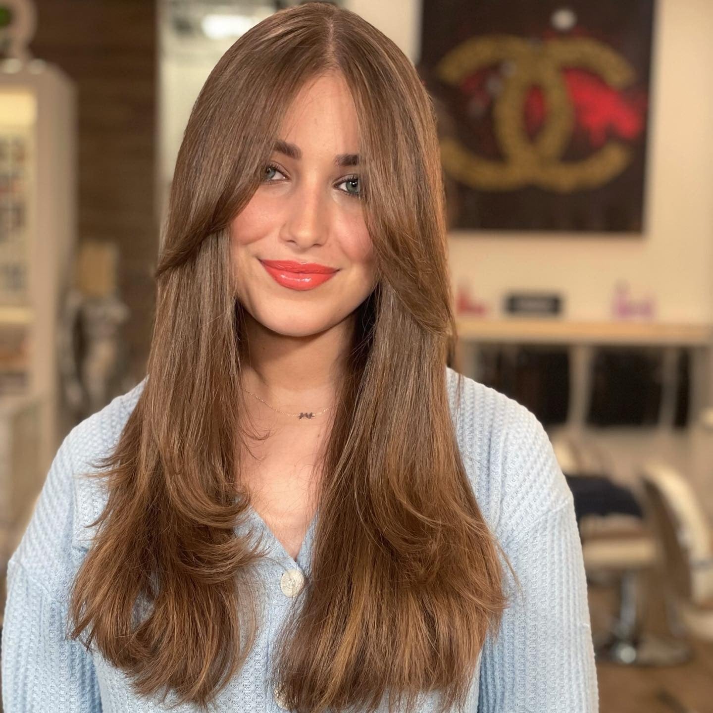 5. warmes Karamellbraun gerade mit weichen Vorhang Pony (Frisuren mit Vorhang Bons)