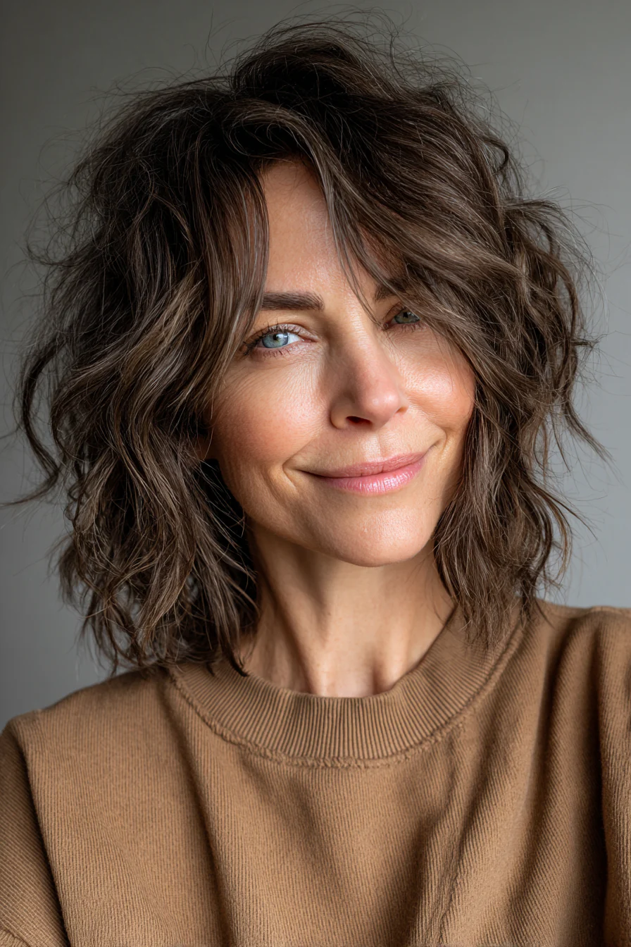 5. Welliger Shag mit aschbraunen Tönen (zottelige Haarschnitte für Frauen über 40) – Zottelige Haarschnitte für Frauen über 40