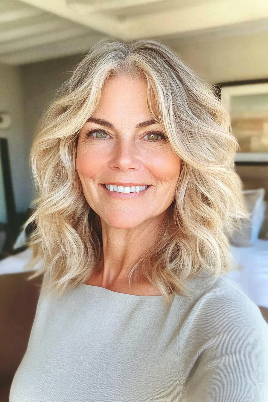 5. Wispy schulterlanger Schnitt in goldener Blondine (Haarschnitte für Frauen über 60 mit welligen Haaren) - Haarschnitte für Frauen über 60 mit welligen Haaren