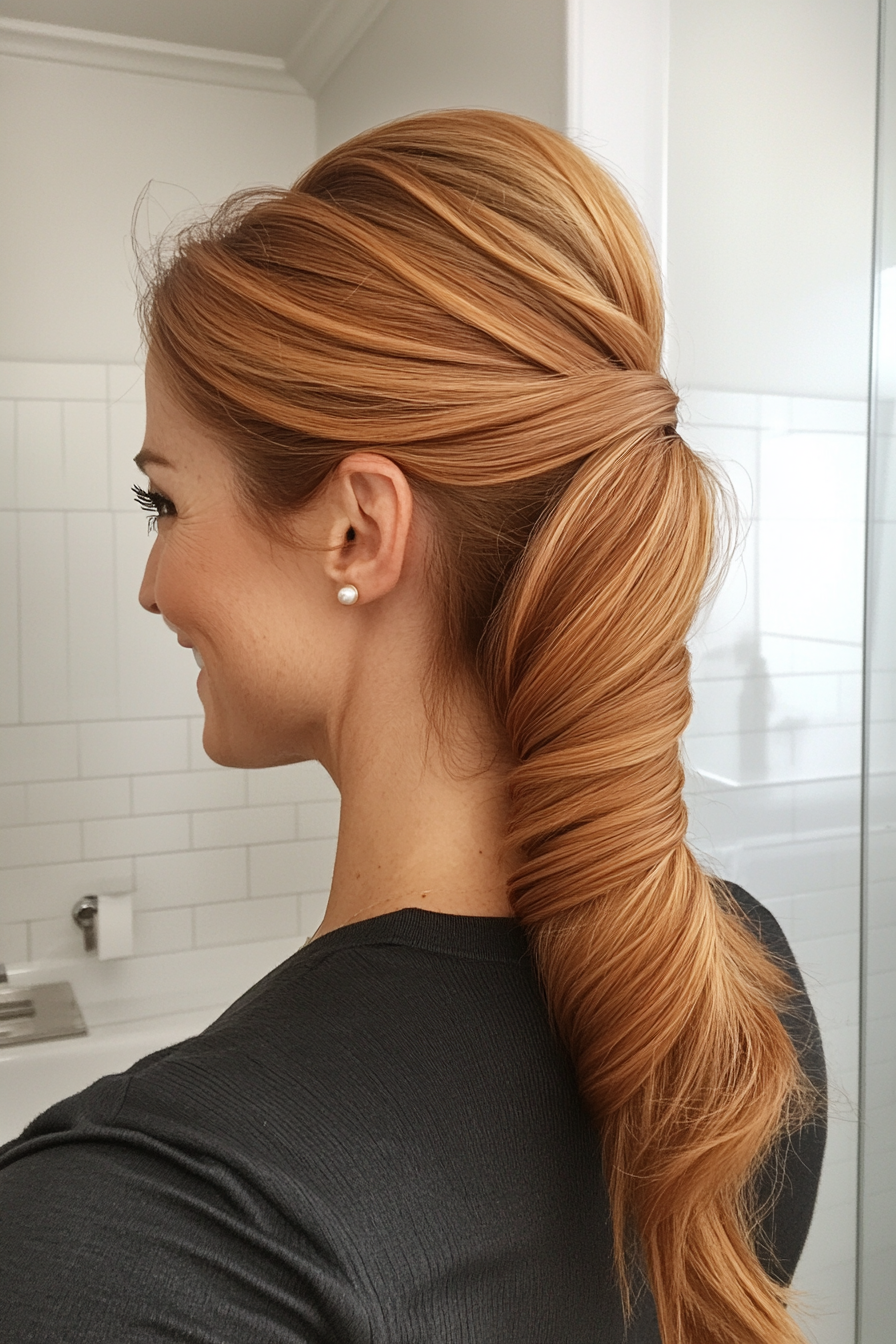 5. Ponytail in Golden Brown (Pferdeschwanzfrisuren Frauen über 40) - Pferdeschwanzfrisuren Frauen über 40
