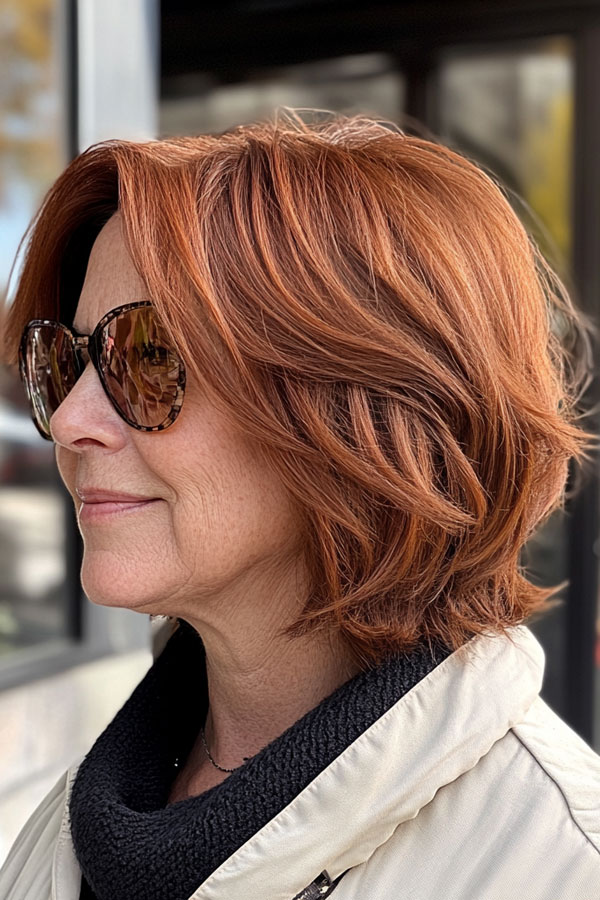 Chic Auburn Layered Bob, Bob Haarschnitt für Frauen über 60, Bob Frisur für Frau über 60