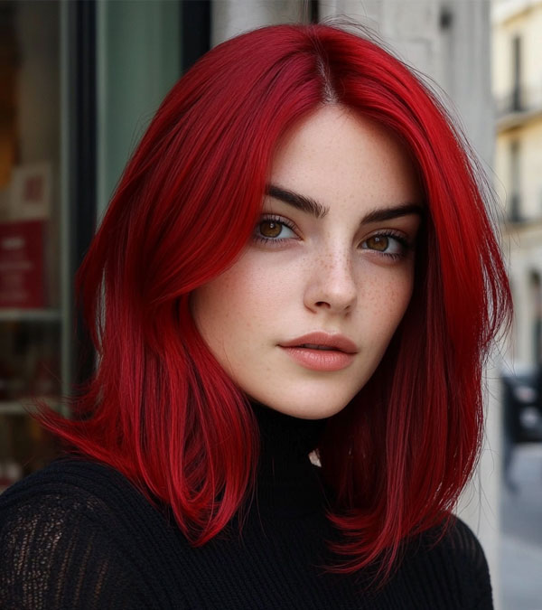 Lebendiger scharlachroter roter Lob mit Vorhang Pony, rotes Bob -Haar, rote Haarfarbe