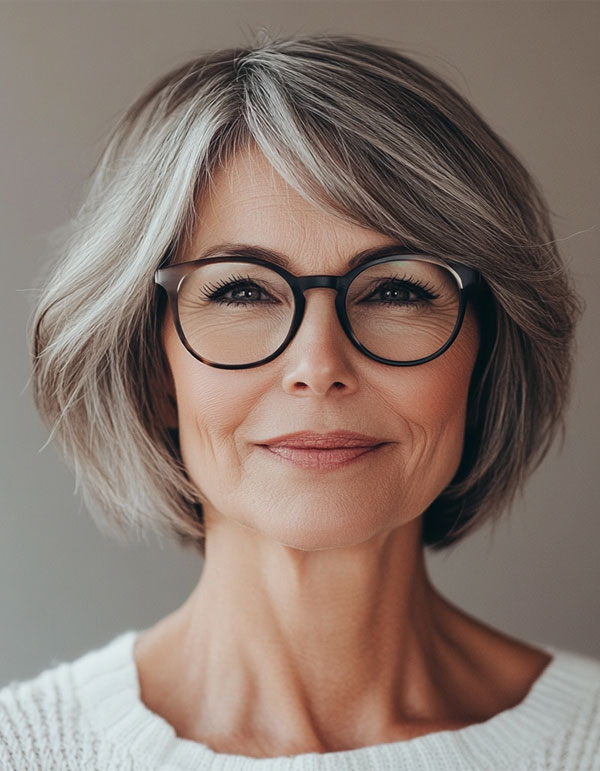 Elegant Grey Soft Layered Bob, Bob Haarschnitt für Frauen über 60 mit Brille