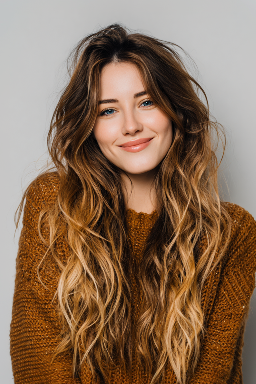 6. Strandwellen mit sonnenverwöhntem Ombre (lange Haarschnitte für ovales Gesicht) - lange Haarschnitte für oval geformte Gesicht