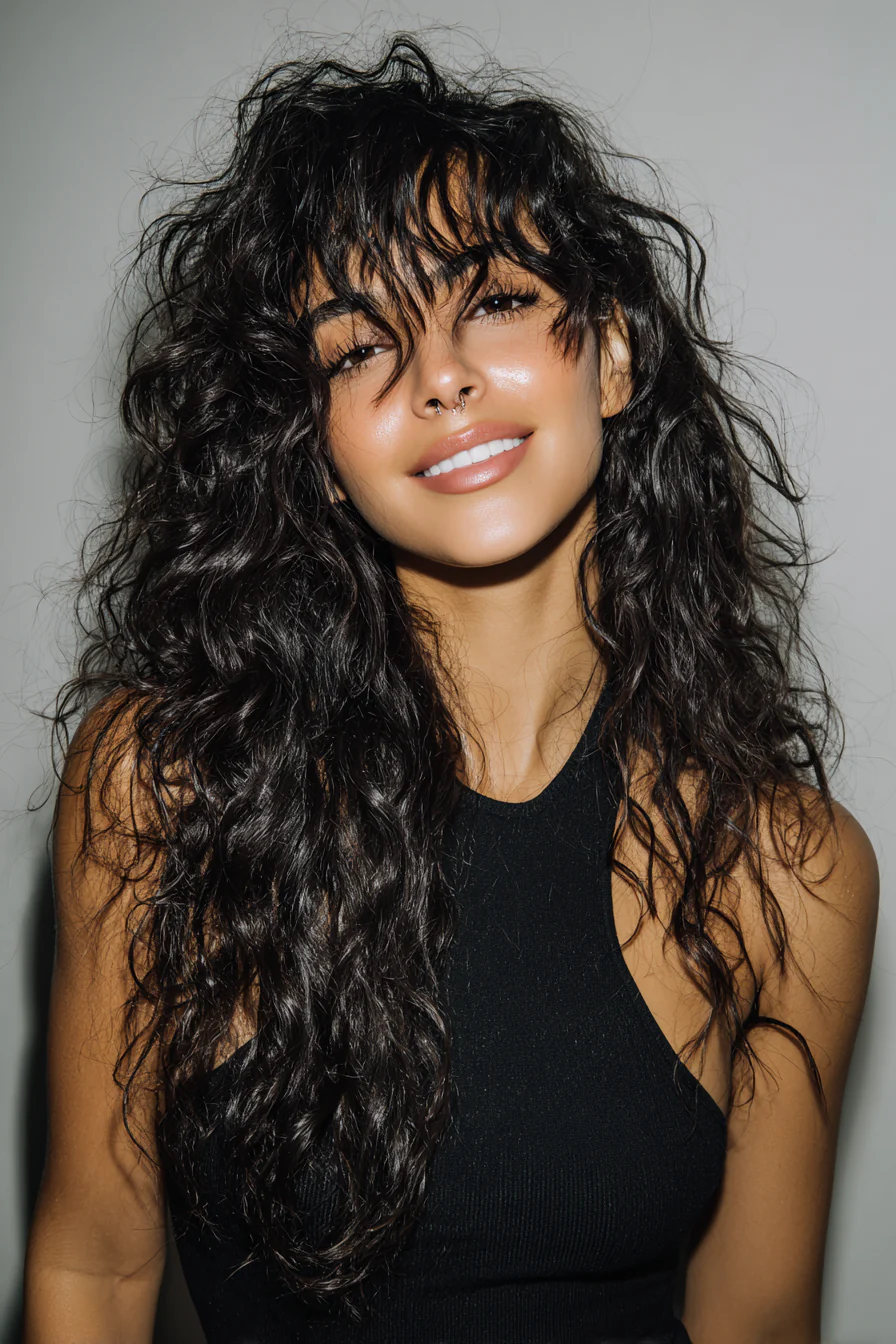 6. Schwarze, glänzende Locken mit langen, das Gesicht umrahmenden Schichten (lange lockige Haarschnitte) – Lange lockige Haarschnitte