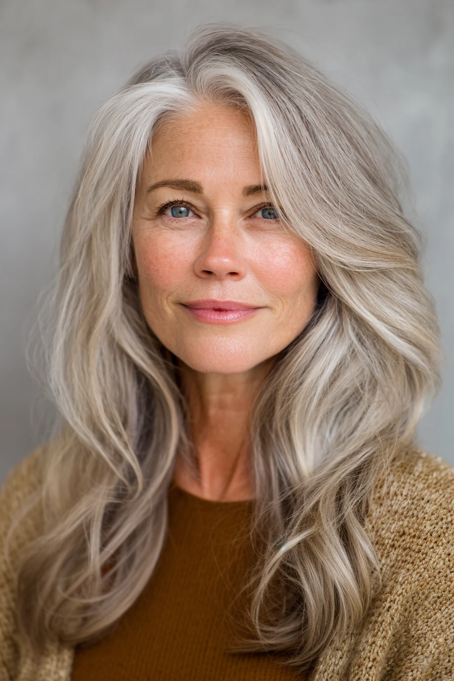 6. Gemischte Schichten mit sanftem Sandblond (lange Frisuren für Frauen über 60) – Lange Frisuren für Frauen über 60