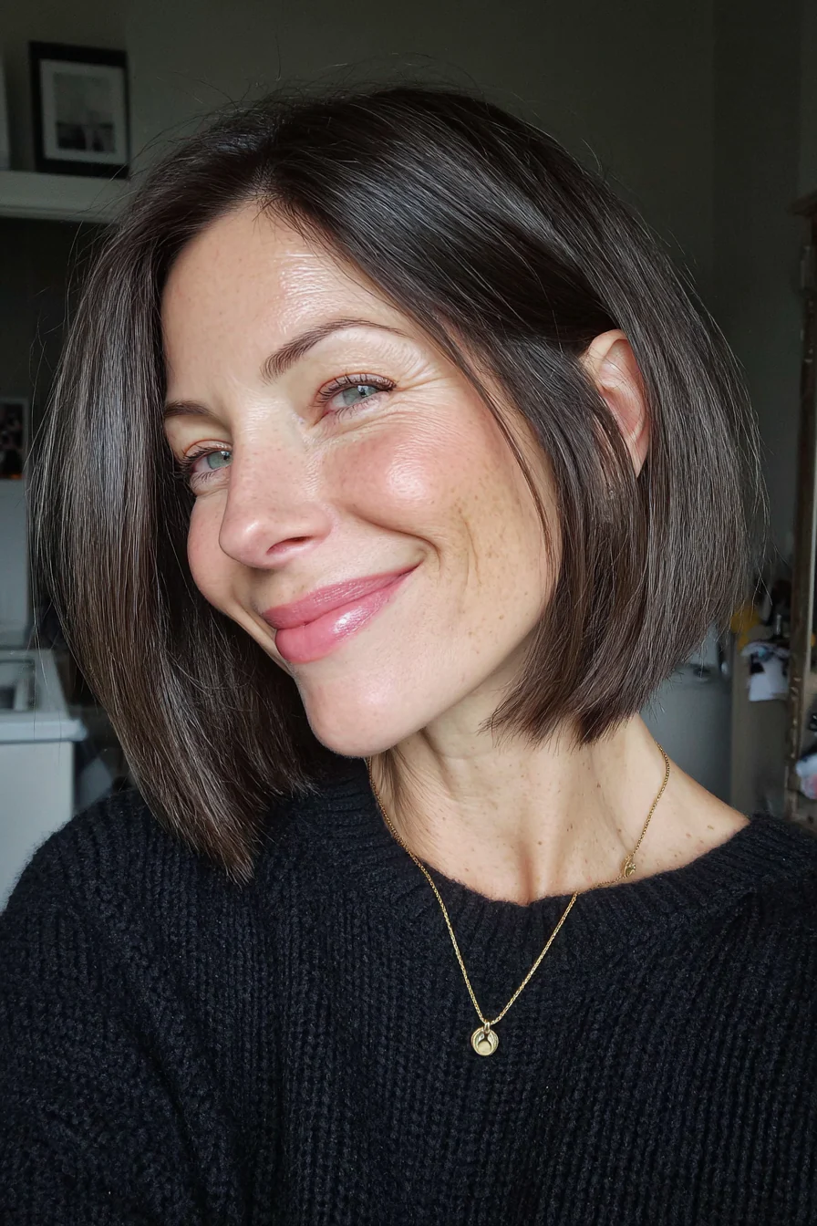 6. Stumpfer Schlüsselbein-Bob in kräftigem Espresso (kurze mittellange Frisuren für Frauen über 50) – Kurze mittellange Frisuren für Frauen über 50