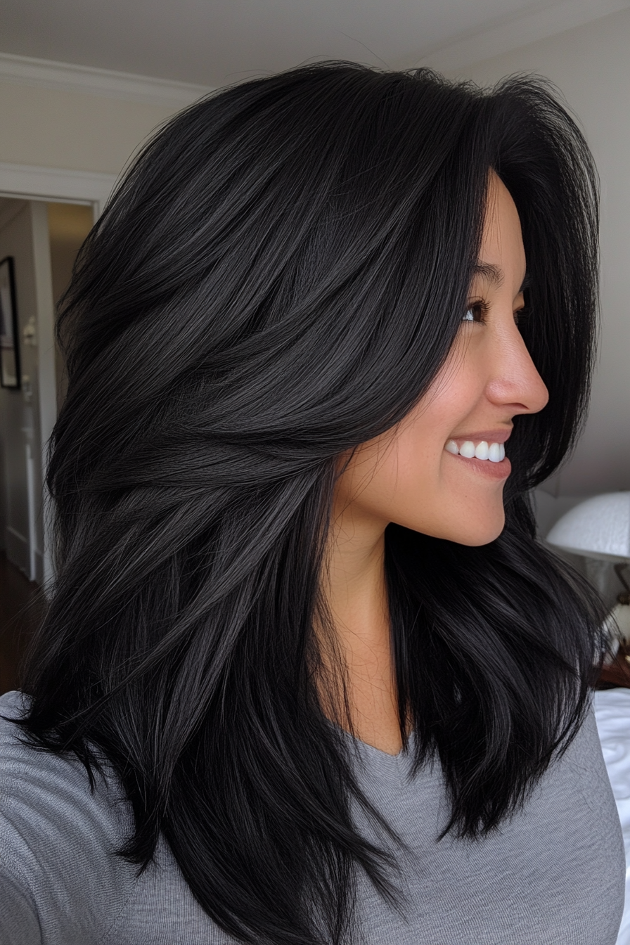 6. Butter schwarze, verjüngte Schichten (Frisuren für dickes Haar) - Frisuren für dickes Haar