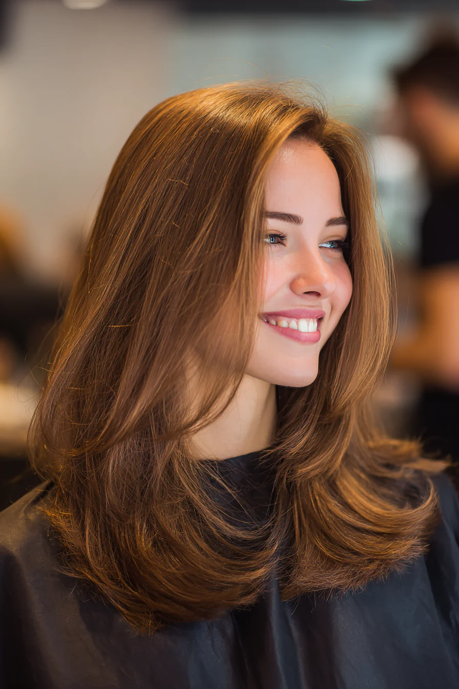 6. Caramel Layered Blowout (Mittellange Frisuren für dünnes Haar) – Mittellange Frisuren für dünnes Haar