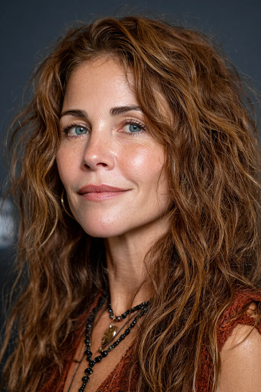 6. Karamellfarbener gewellter Shag mit geschichteten Enden (lange Shag-Frisuren für Frauen über 50) – Lange Shag-Frisuren für Frauen über 50