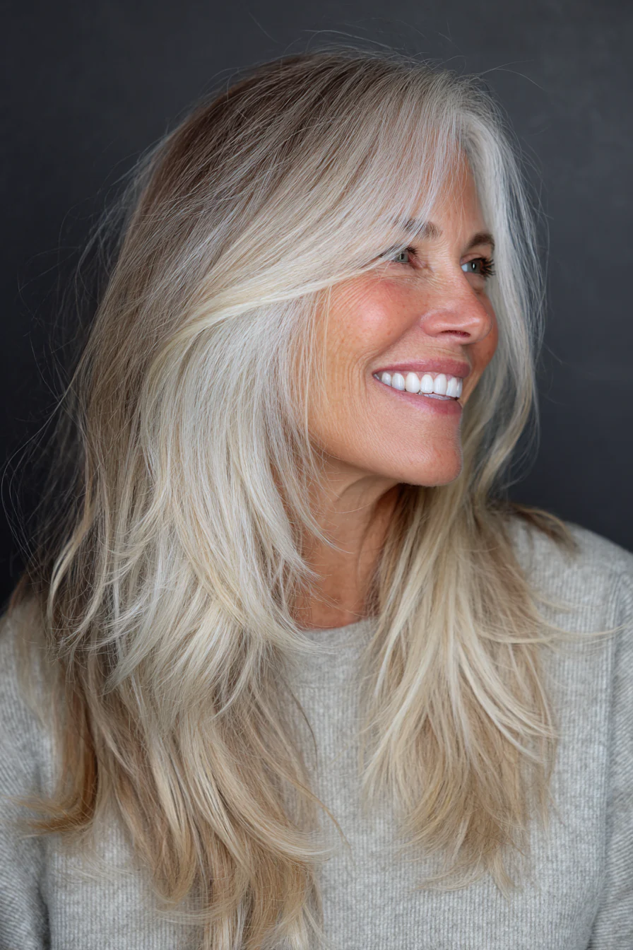 6. Champagnerblonder moderner langer Shag (Lange Shag-Frisuren für ältere Frauen) – Lange Shag-Frisuren für ältere Frauen