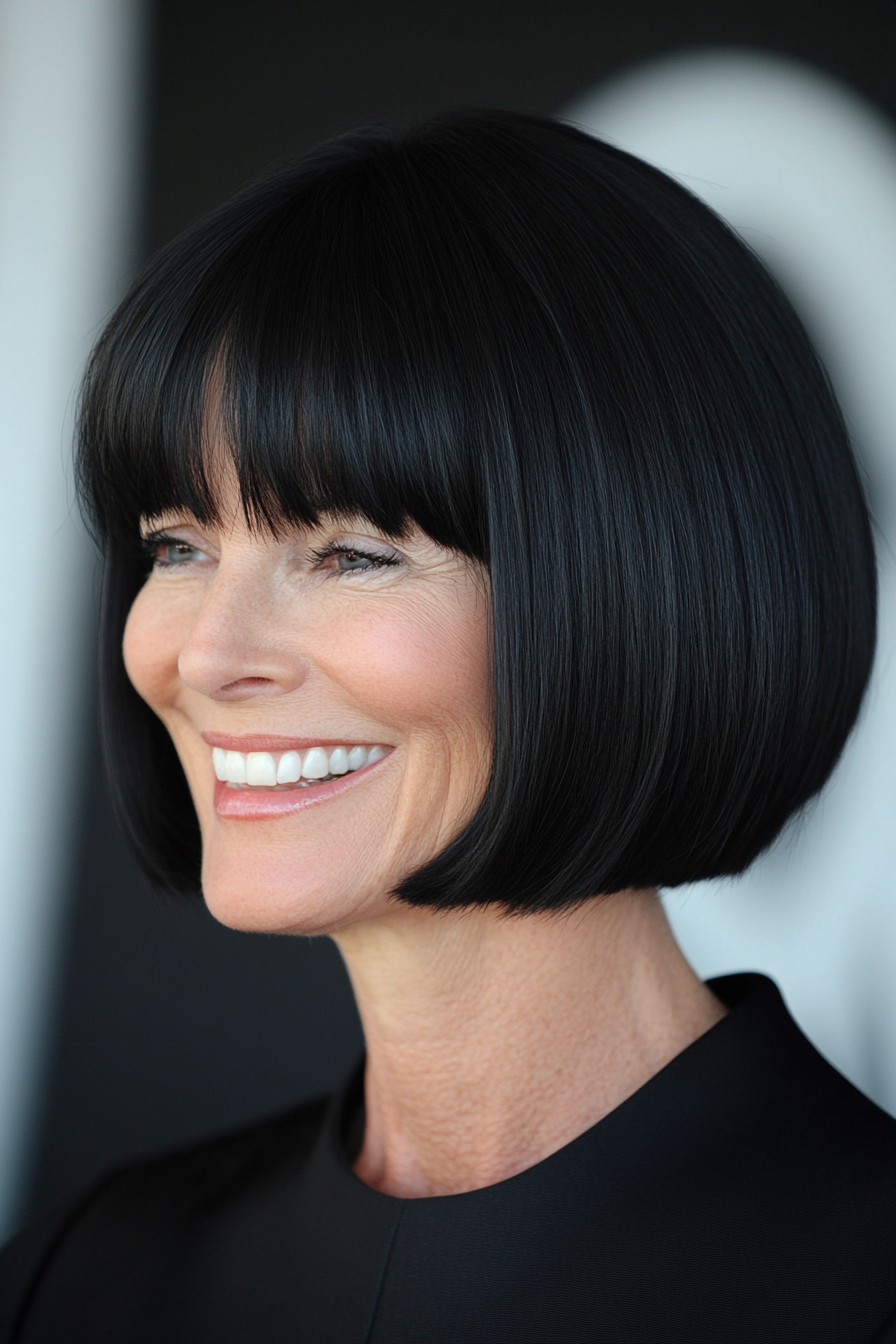 6. Klassiker Blunt Bob in Jet Black (Hüftfrisuren für Frauen über 50) - Hüftfrisuren für Frauen über 50