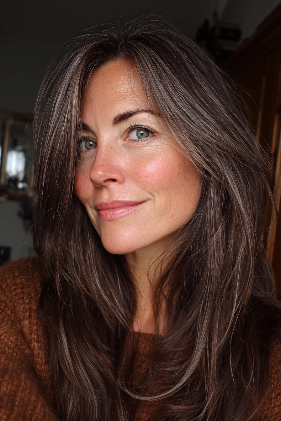 6. Kakaobrauner geschichteter Midi-Schnitt (Haarschnitte für Frauen über 50 mit glattem Haar) – Haarschnitte für Frauen über 50 mit glattem Haar