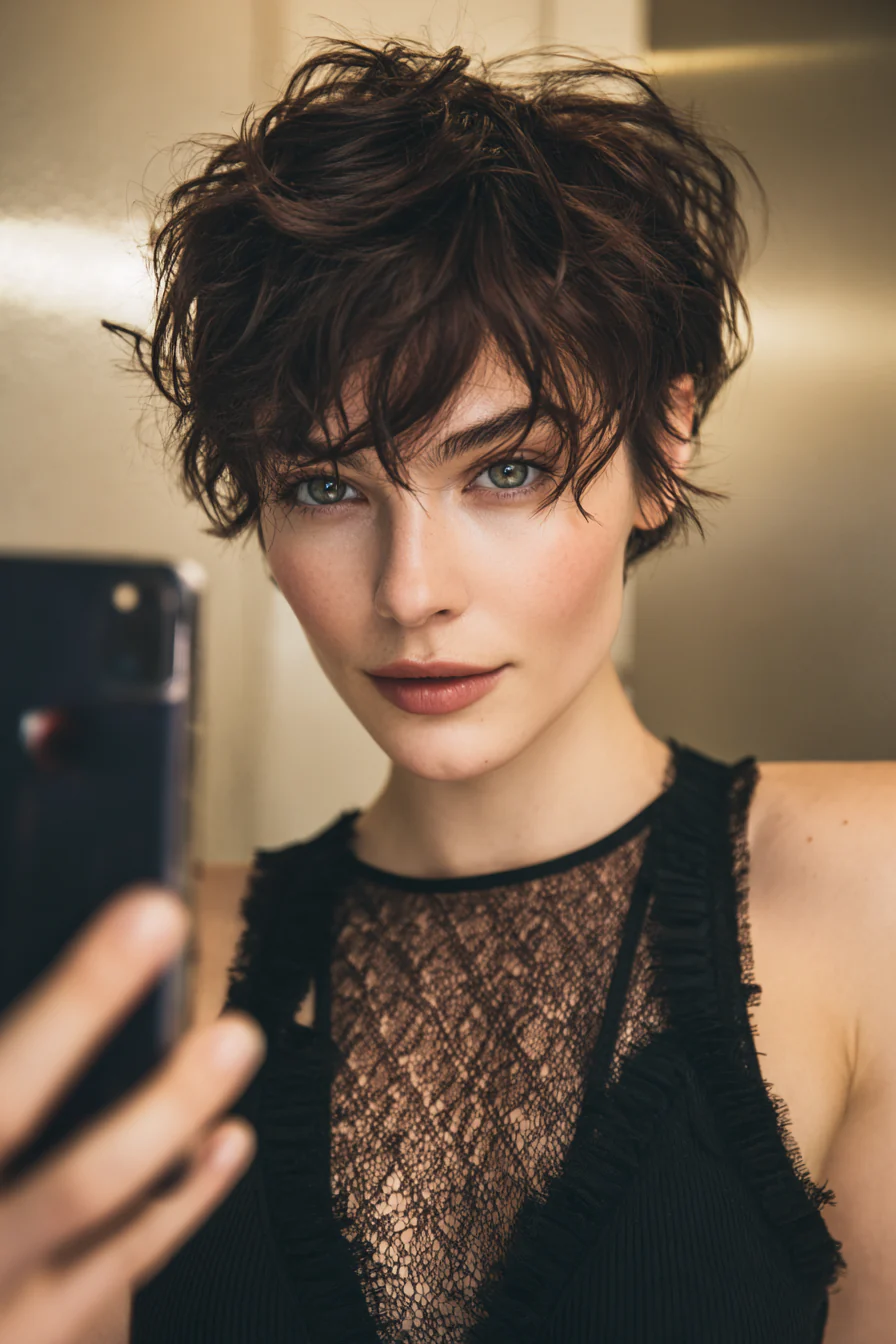 6. Kakaobrauner strukturierter Pixie (Boho-Frisuren) – Boho-Frisuren