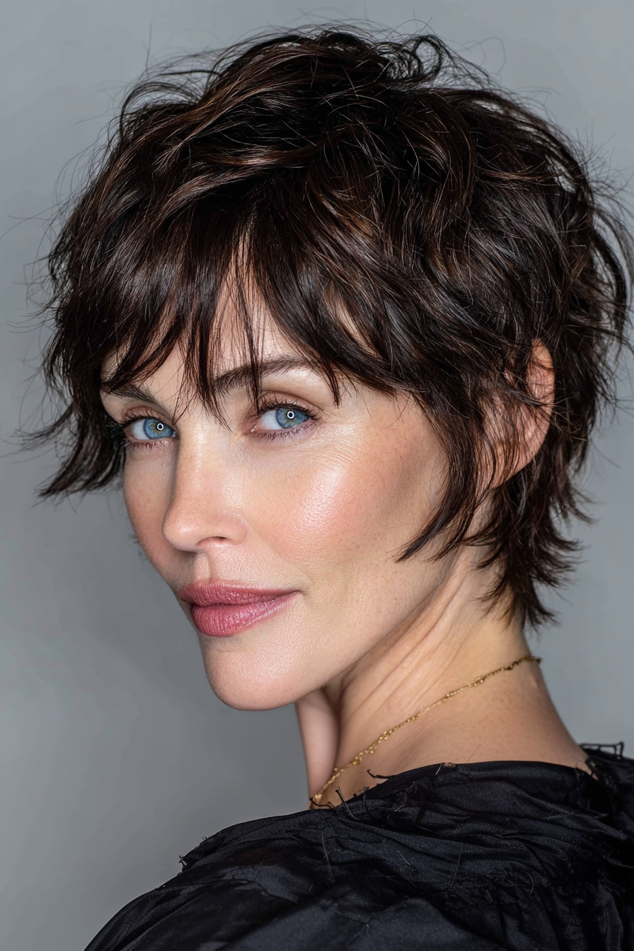 6. Kurzer Shag in dunklem Braun (Kurzhaarschnitte für dünner werdendes Haar für Frauen über 50) – Kurzhaarschnitte für dünner werdendes Haar für Frauen über 50