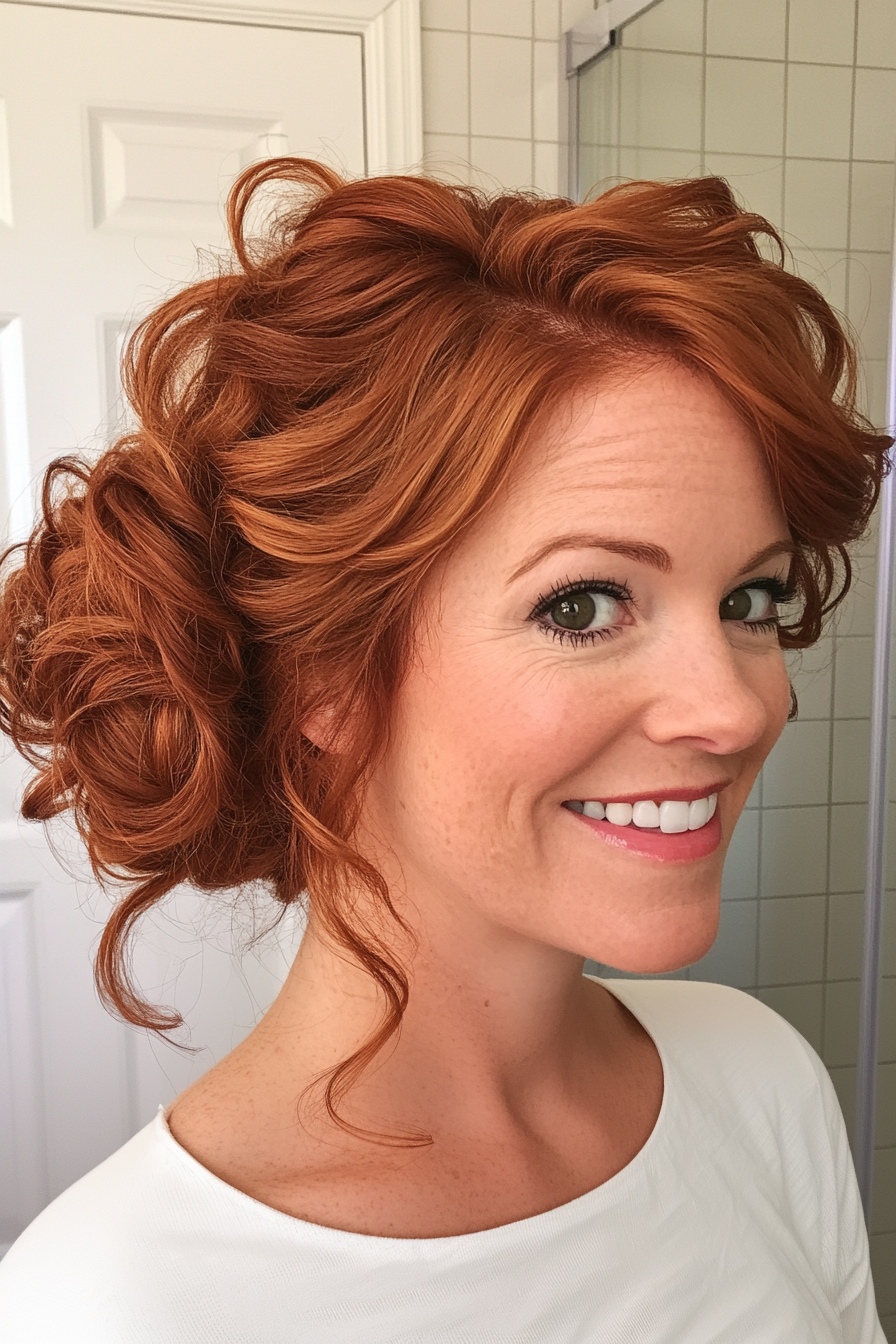 6. Curled Side Bun in Rich Auburn (Hochsteckfrisur für Frauen über 40) - Hochsteckfrisuren für Frauen über 40