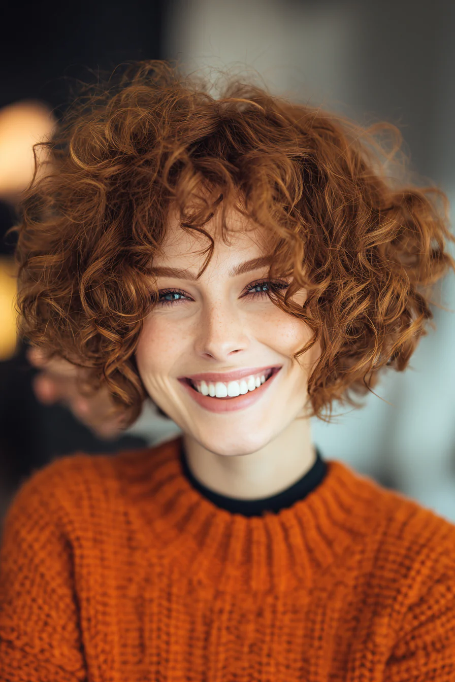 6. Lockiger Bob mit kastanienbraunem lockigem Pony (Bob-Frisuren mit Pony) – Bob-Frisuren mit Pony