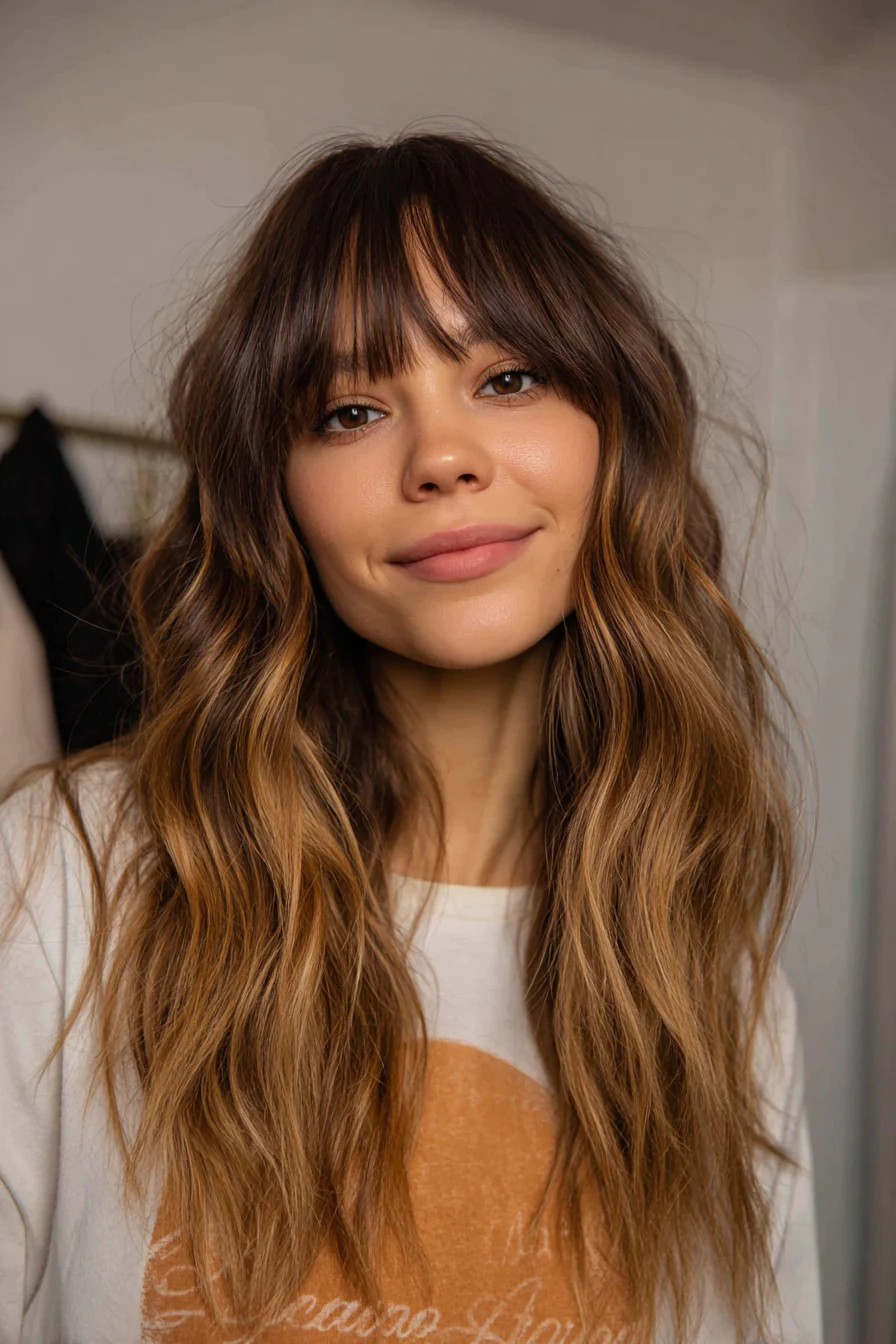 6. Curtain Bangs mit honigbraunen Wellen (Haarschnitt-Ideen für Frauen) – Haarschnitt-Ideen für Frauen