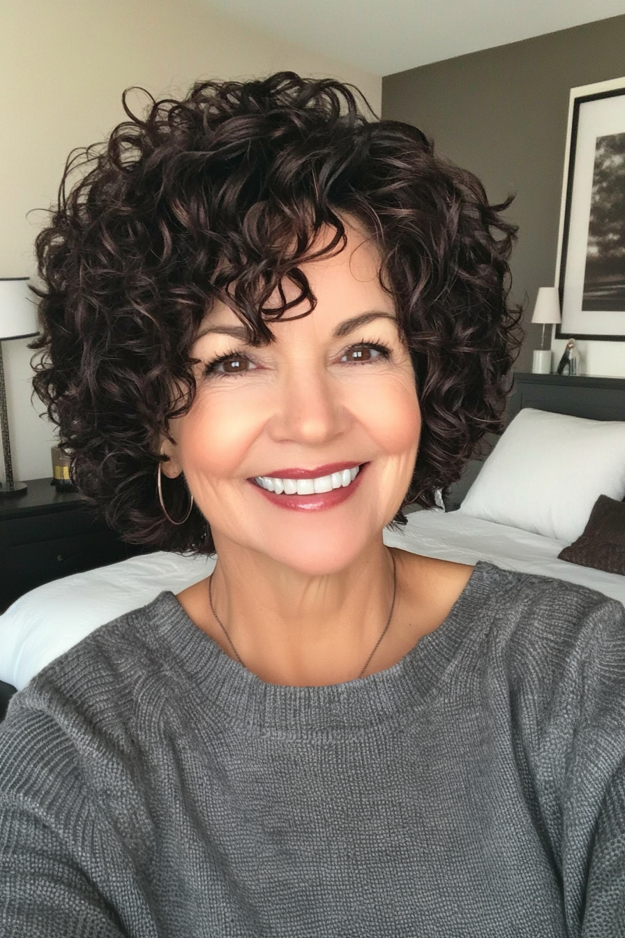 6. Dunkle Schokoladenpixie (lockige Pixie -Haarschnitte für Frauen über 60) - Curly Pixie Haircuts für Frauen über 60