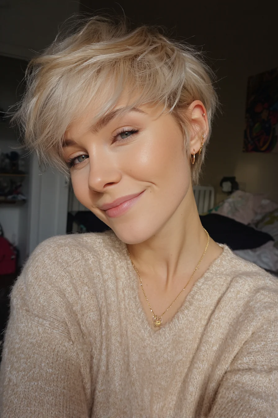 6. Gefiederter blonder Pixie mit seitlichem Schwung (kurze blonde Frisuren) – Kurze blonde Frisuren