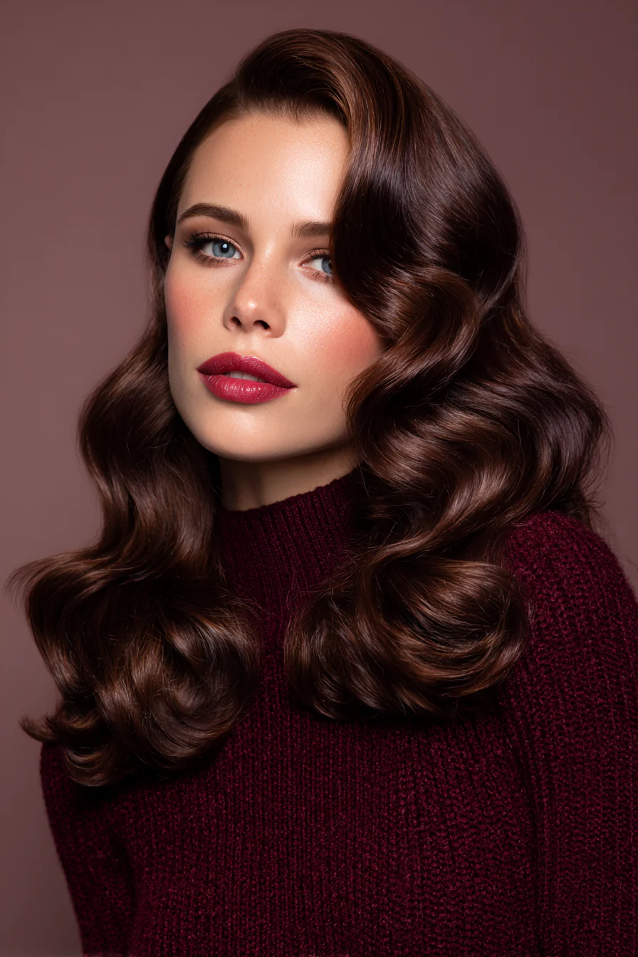 6. Hollywood-Wellen in dunklem Kirschbraun (Brautfrisuren) – Brautfrisuren