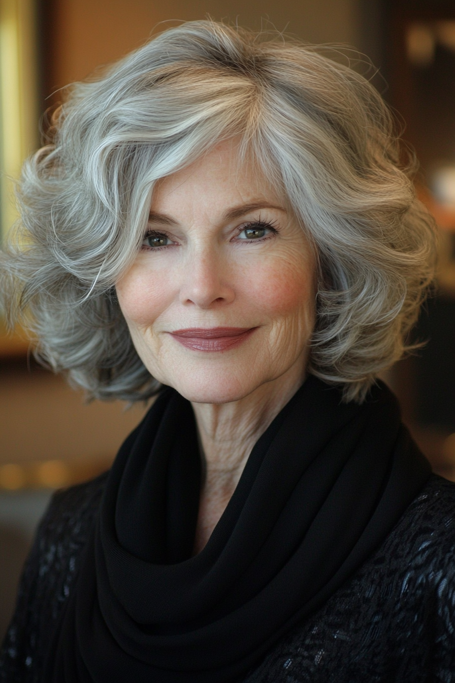 6. Layered Bob mit natürlichem Grau (Haarschnitte für Frauen über 60 mit welligen Haaren) - Haarschnitte für Frauen über 60 mit welligen Haaren