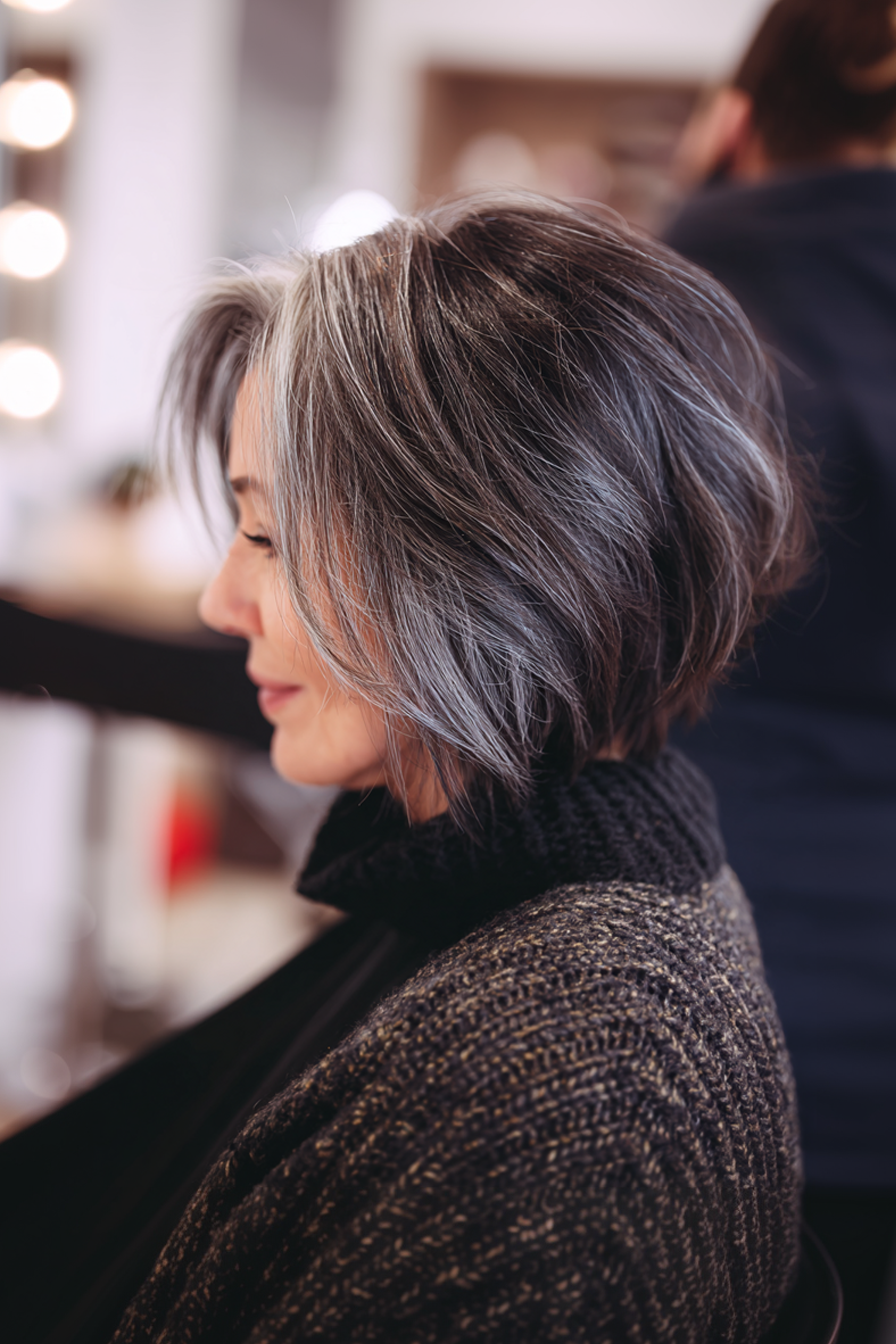 6. Layered Bob mit silbernen Balayage (geschichtete Bob -Frisuren für Frauen über 50) - Layered Bob Frisuren für Frauen über 50