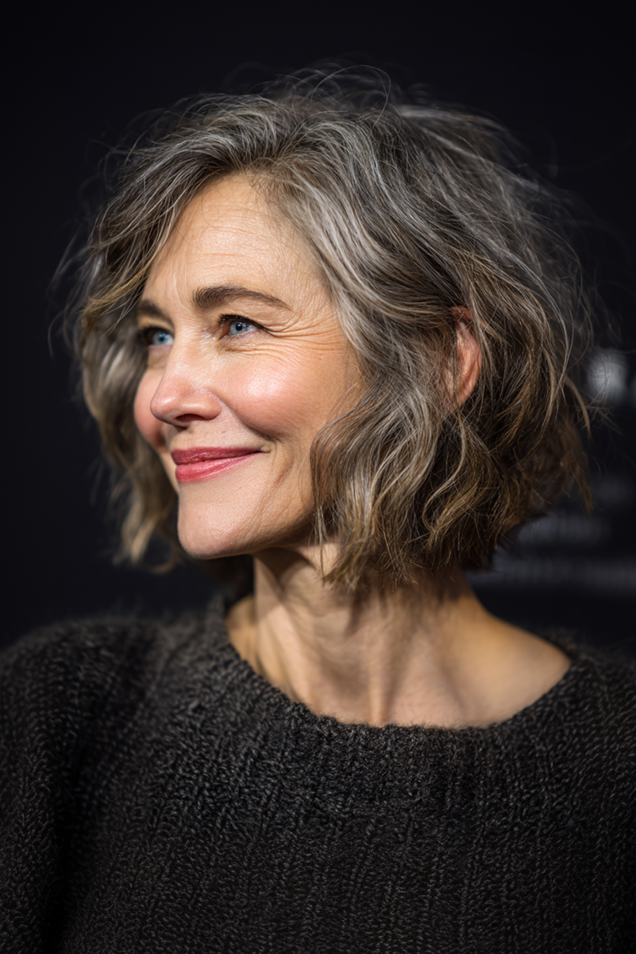 6. Schichtlob mit Salz-und-Prepper-Mischung (kurze Haarschnitte für Frauen über 50 mit welligen Haaren)-kurze Haarschnitte für Frauen über 50 mit welligen Haaren