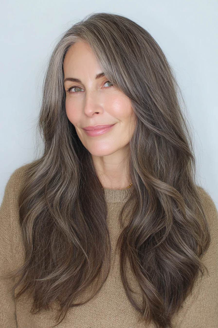 6. Long Blunt Perimeter + Iced Brunette Melt (Lange Frisuren für Frauen über 50 mit feinem Haar) – Lange Frisuren für Frauen über 50 mit feinem Haar
