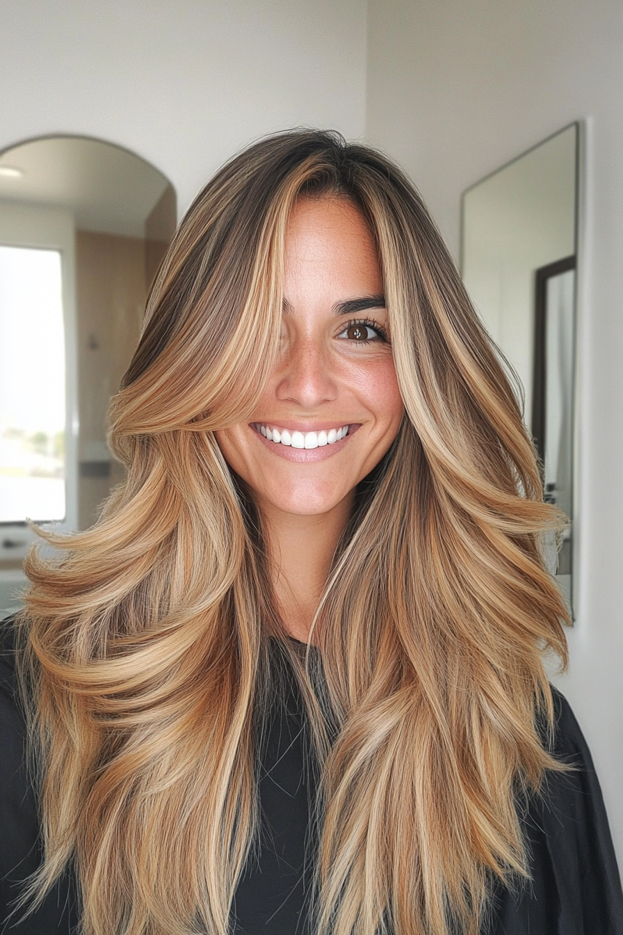6. Lange abgehackte Schichten mit Honigblonde Balayage (abgehackte Haarschnitte) - abgehackte Haarschnitte