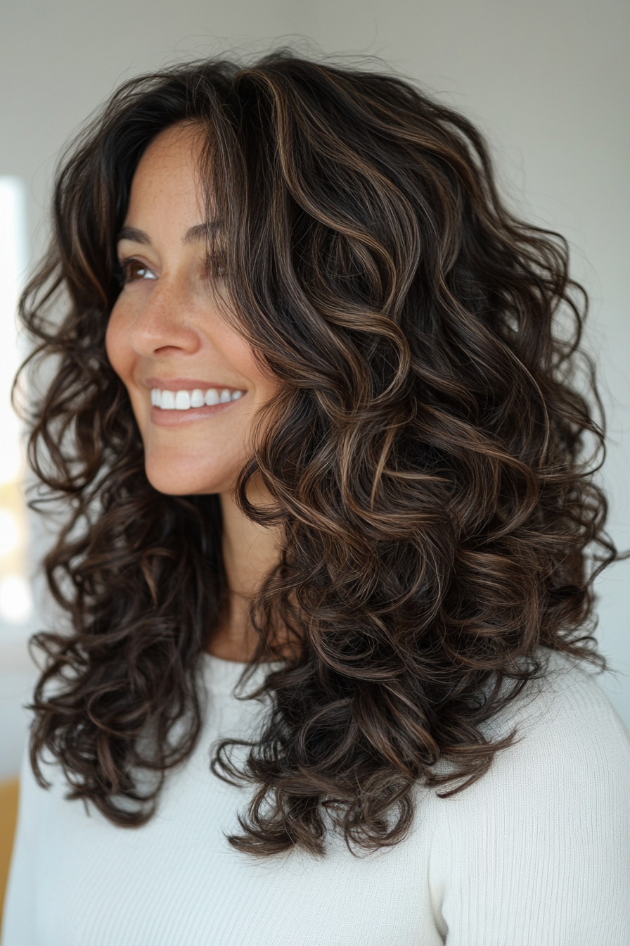 6. Lange Schichten mit dunkelbraunem (Haarschnitte für Frauen über 50 mit lockigem Haar) - Haarschnitte für Frauen über 50 mit lockigem Haar