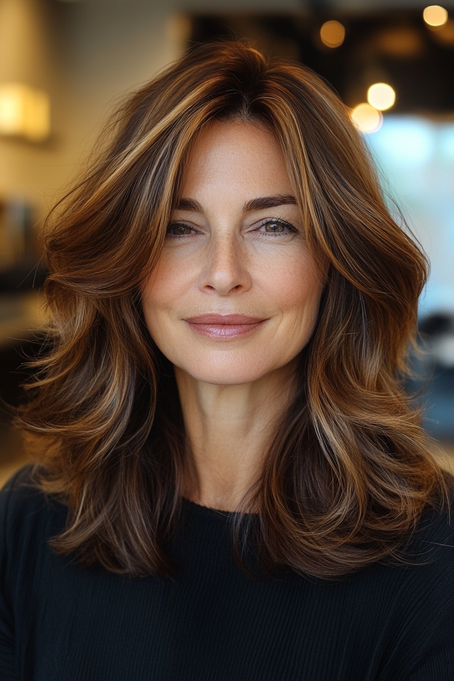 6. Mittel mit mittlerer Länge mit Zimtbraunbalayage (Trendfrisuren für Frauen über 50) - Trendfrisuren für Frauen über 50