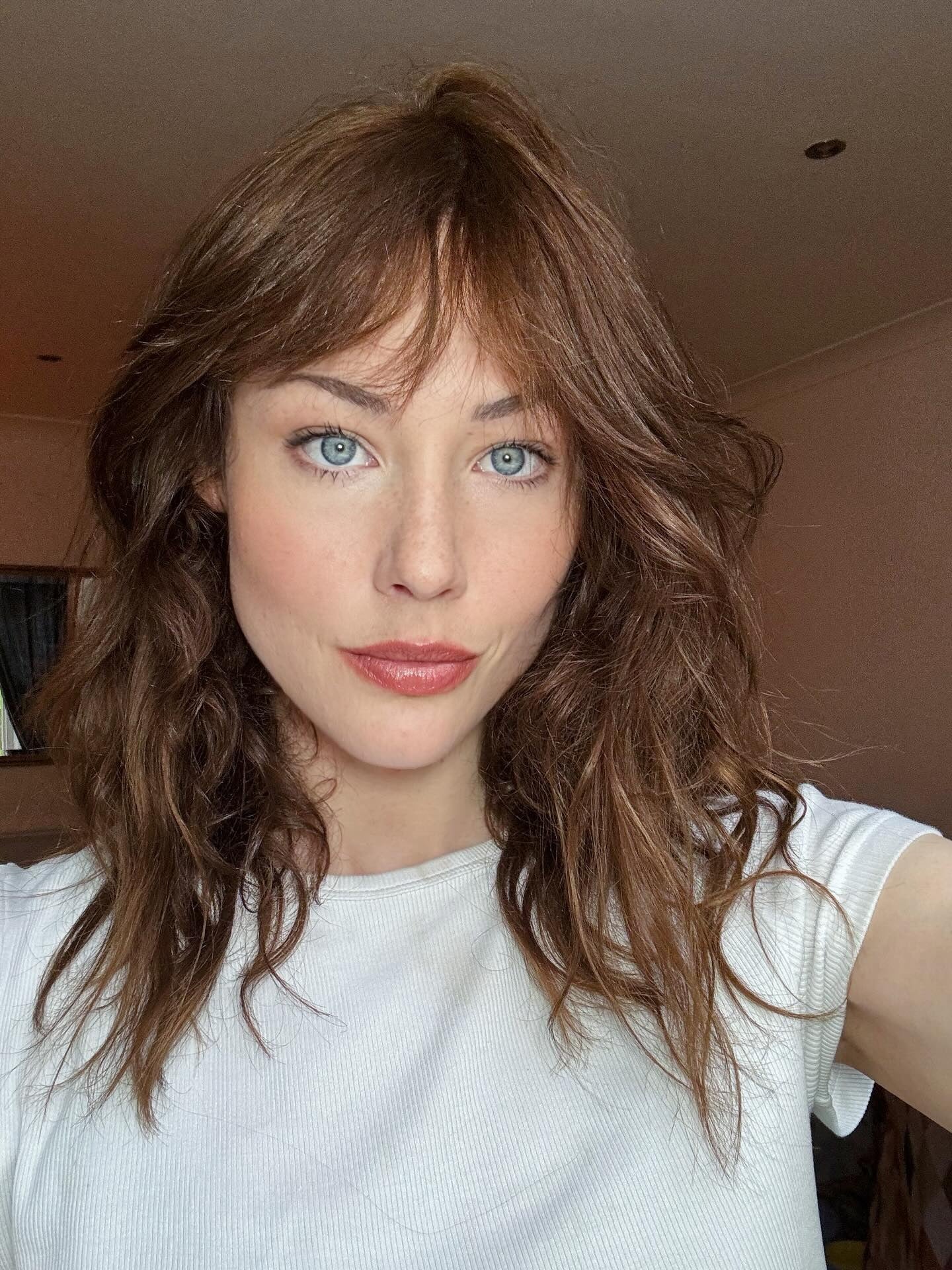 6. Mittellanger Shag mit Curtain Bangs in sanftem Braun (kurze Stufenhaarschnitte mit Pony)