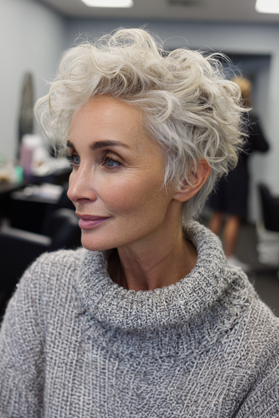 6. Platinum Curly Pixie (kurze Frisuren für Frauen über 50 mit welligen Haaren) - kurze Frisuren für Frauen über 50 mit welligen Haaren