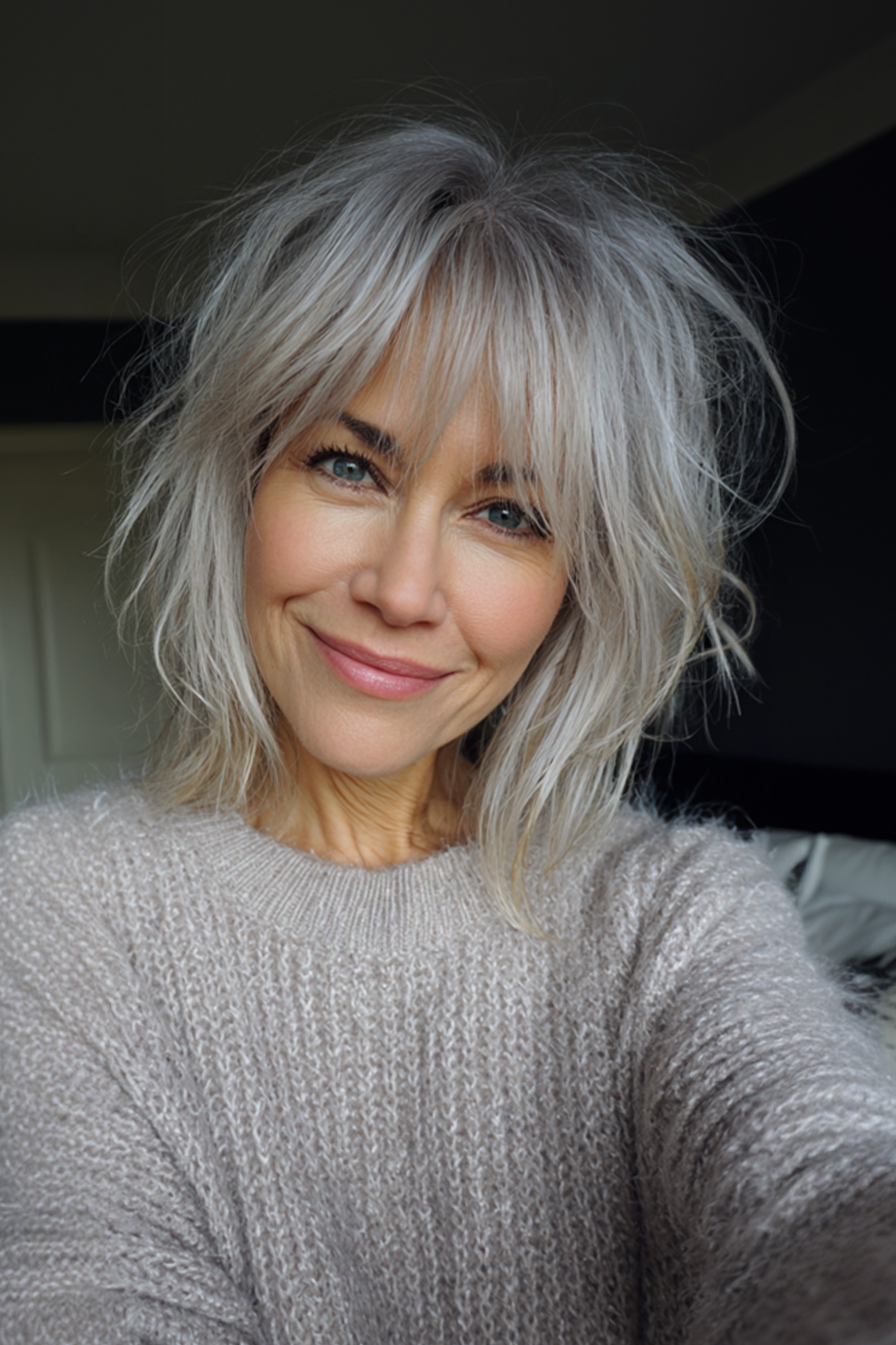 6. Platinumgrau Shag geschnitten (graue Frisuren für Frauen über 40) - graue Frisuren für Frauen über 40