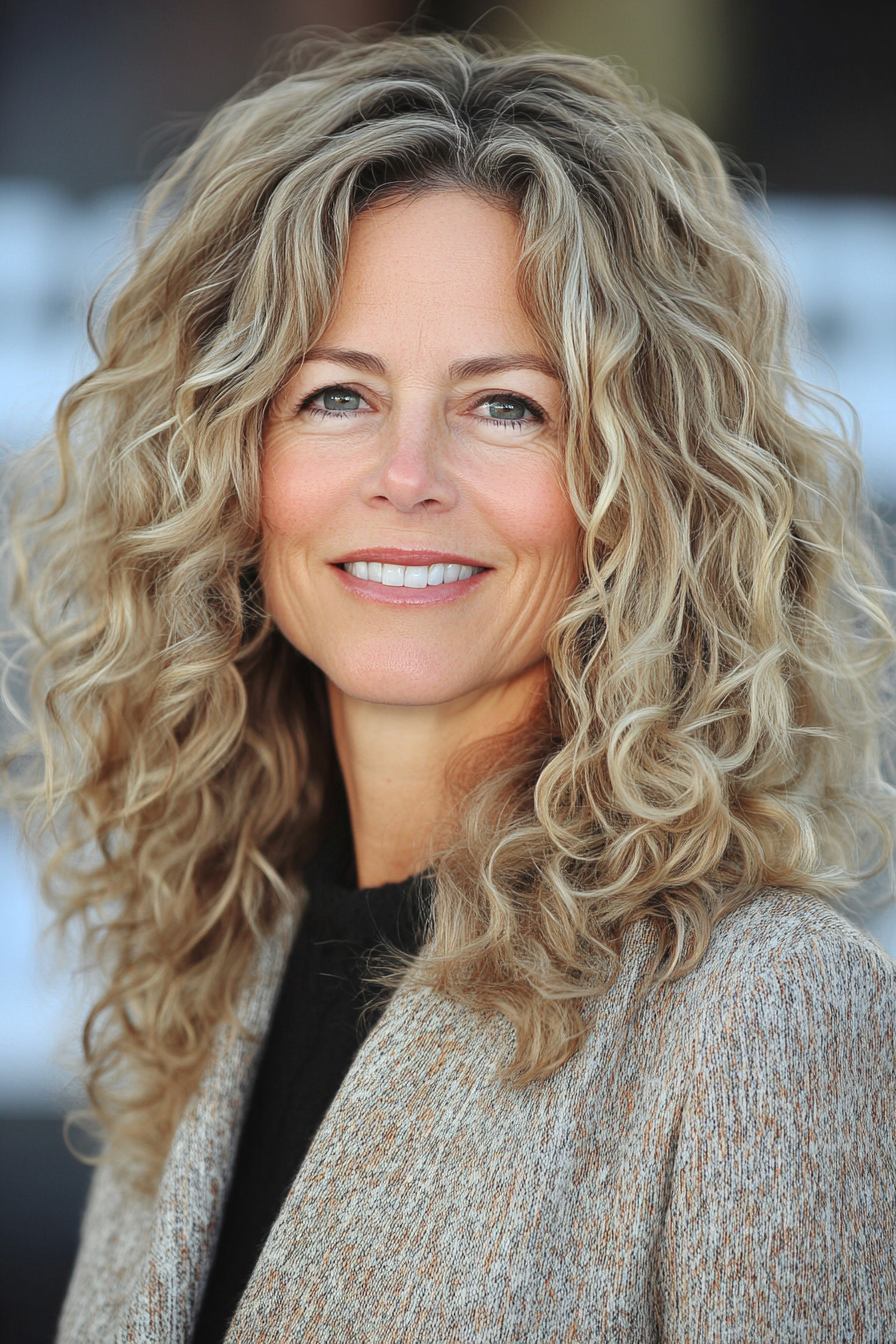 6. Sandy Blonde Layered Lob (lockige Frisuren für Frauen über 40) - lockige Frisuren für Frauen über 40