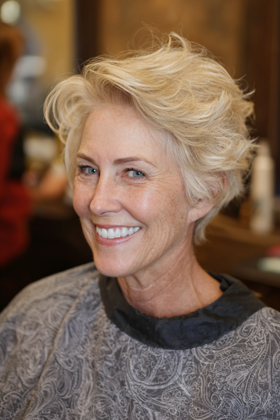 6. Sandy Blonde Tapered Cut (Kurzhaarfrisuren für Frauen über 50 mit dickem, gewelltem Haar) – Kurze Frisuren für Frauen über 50 mit dickem, gewelltem Haar
