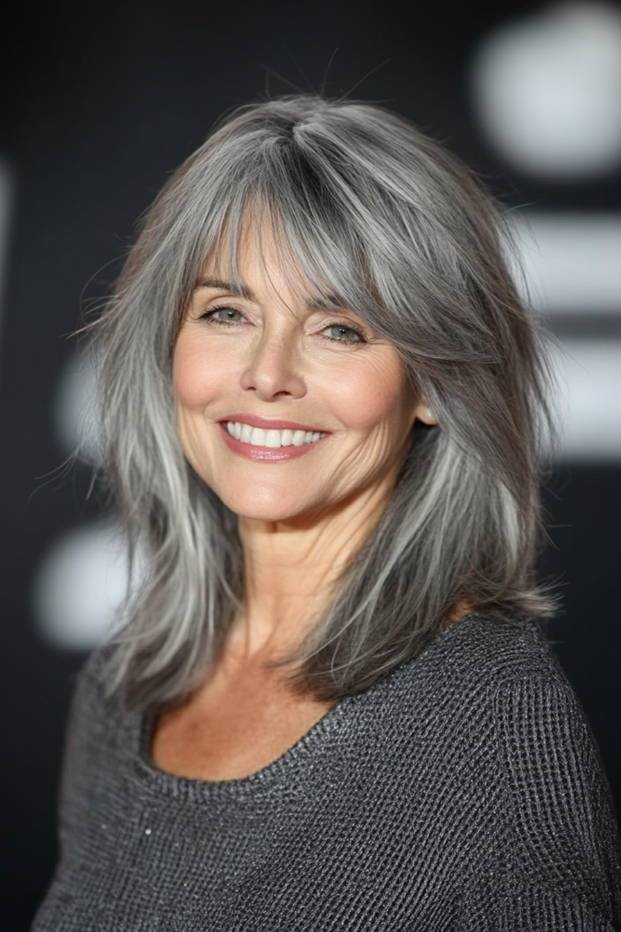 6. Shaggygrauschichten mit Vorhang Pony (Frisuren für ältere Frauen mit grauem Haar) - Frisuren für ältere Frauen mit grauem Haar