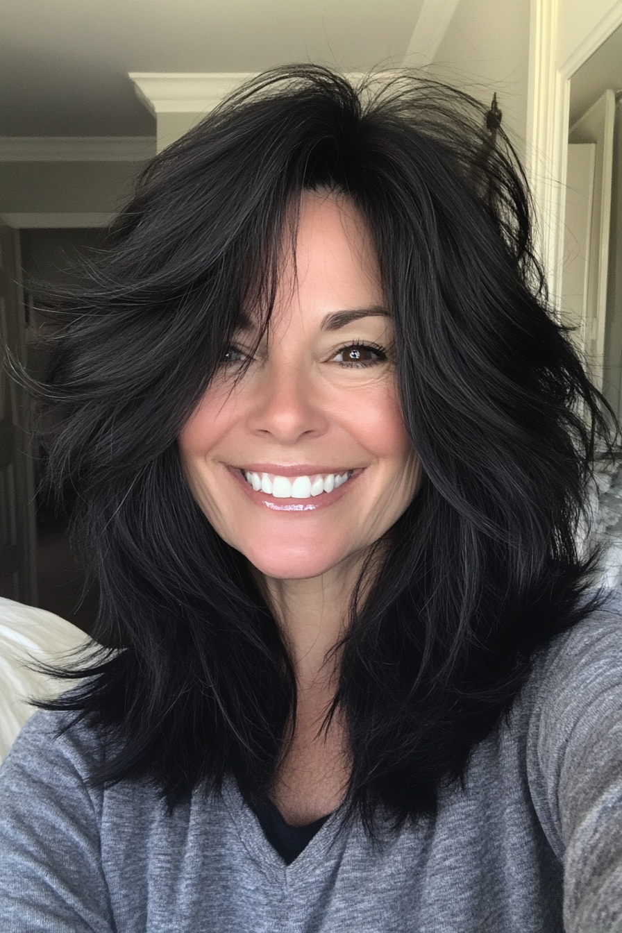 6. Shaggy -Schichten in weicher Schwarz (mittel- bis kurze Haarschnitte für Frauen über 50) - mittel- bis kurze Haarschnitte für Frauen über 50