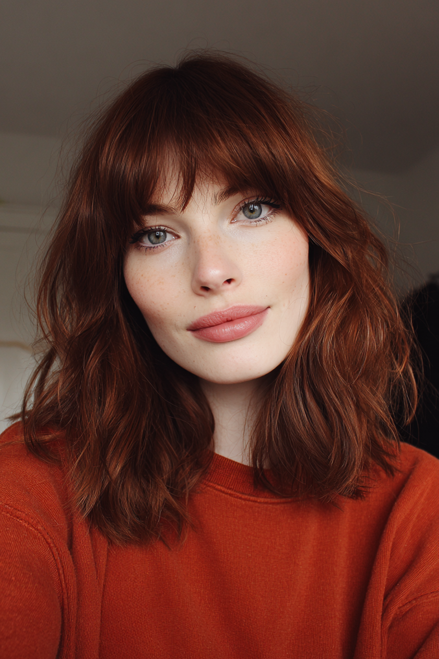 6. Shaggy Lob mit Auburn Pony (lange Bob -Frisuren mit Pony) - Lange Bob -Frisuren mit Pony