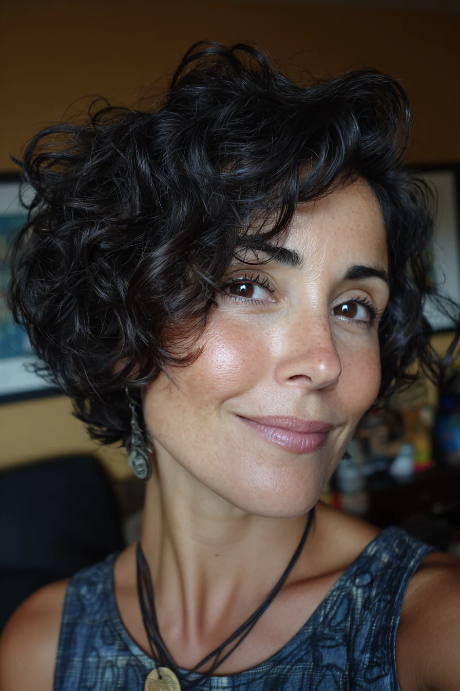 6. Kurzer lockiger Bob in natürlichem Schwarz (kurze Frisuren für Frauen über 50 mit dickem Haar) – Kurze Frisuren für Frauen über 50 mit dickem Haar