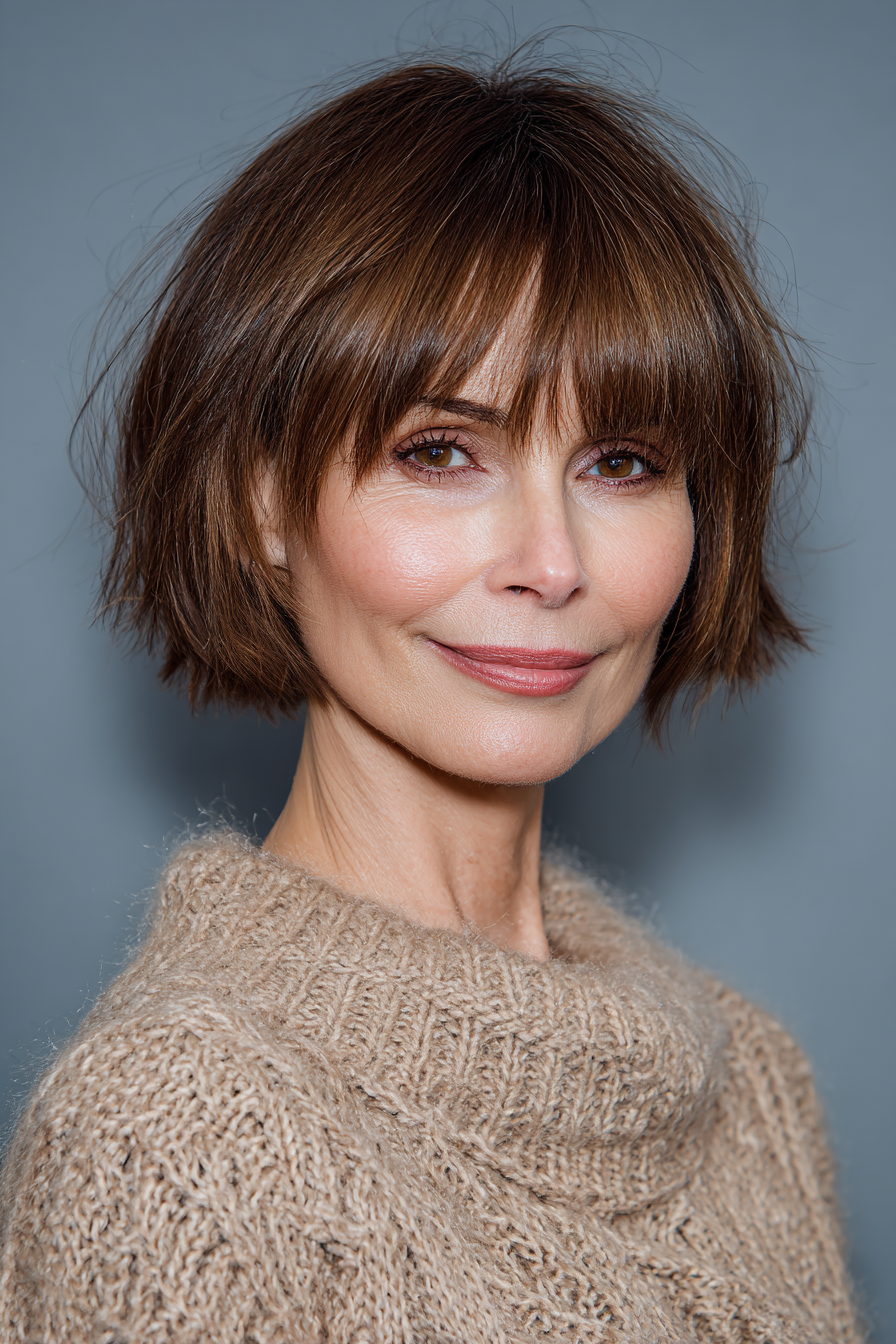 6. Kurzschichtiger Bob mit Gesichtsfaktoren in Mokka Brown (kurze Bob -Haarschnitte für Frauen über 50) - kurze Schichthaarschnitte für Frauen über 50