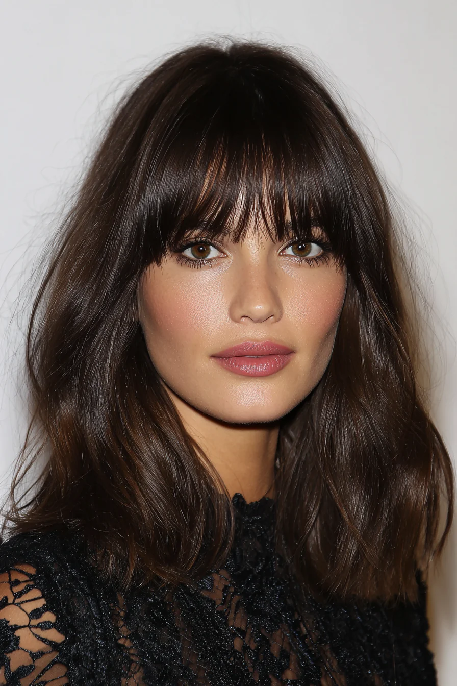 6. Schulterlanger, stumpfer Schnitt mit stumpfem Pony in Dunkelbraun (Mittellange Frisuren mit Pony) – Mittellange Frisuren mit Pony