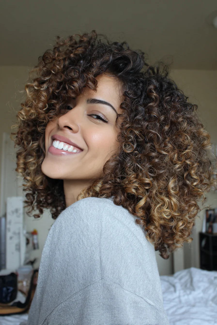 6. Schulterlanger, lockiger Stapelschnitt in Mocha Swirl (Mittellange Haarschnitte für lockiges Haar) – Mittellange Haarschnitte für lockiges Haar