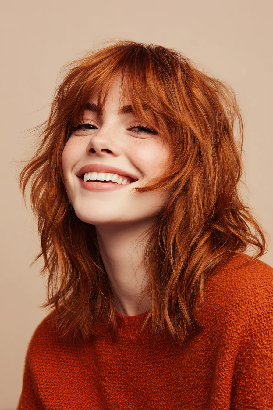 6. Schulterlanger Shag mit kupfernen Curtain Bangs (Curtain Bangs Haircuts) – Curtain Bangs Haircuts