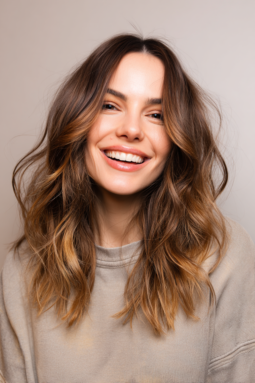 6. Seitenschichten mit Mokka -Schmelze (mittelgroße Frisuren für ältere Frauen mit welligem Haar) - mittelgroße Frisuren für ältere Frauen mit welligem Haar